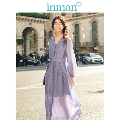 

INMAN 2019 spring new V-neck retro literary belt with slim loose A word long-sleeved dress long skirt female 1891104543 Lilac purple