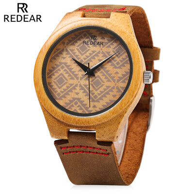

REDEAR SJ 1448 - 6 Wooden Female Quartz Watch Special Pattern Dial Leather Strap Wristwatch