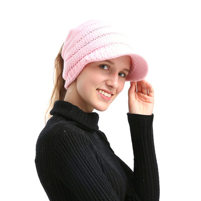 

Winter Women Girl Soft Warm Knitted Thicken Hat Ponytail Beanie Caps with Visor Outdoor Snow Ski Sports Cap