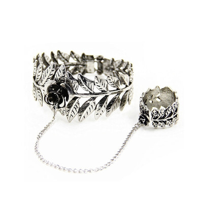 

Annacos Fashion European And American Fashion Retro Gothic Rose Leaves Open Conjoined Ring Bracelet