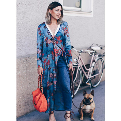 

Vintage Women Plus Size Kimono Floral Bird Print V Neck Tied Ethnic Oriental Outerwear Cover Up Cardigan Blue