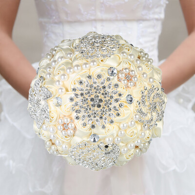 

18cm Handmade Wedding Brooch Diamond Bridal Bouquet Satin Rose Flower with Rhinestone Artificial Pearls Beads Decorated for Bride