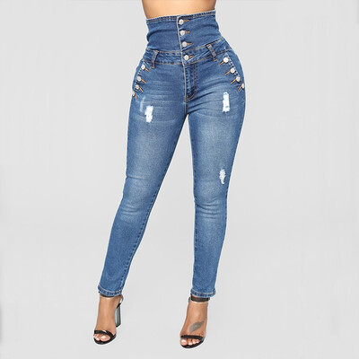 

Sport Lady Women Denim Hight Waisted Jeans Leggings Streth Pants Blue Slim Fit Skinny Trousers with Pockets