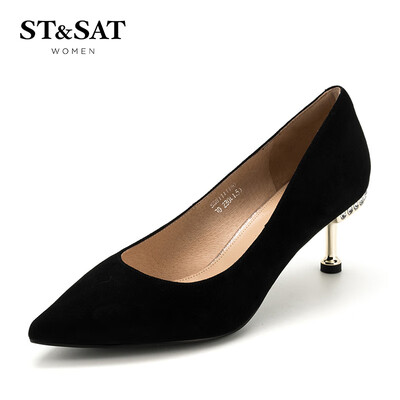 

Saturday ST&SAT suede sheepskin elegant simple inlaid brick fashion shallow mouth kitten with single shoes SS91111103 black 34