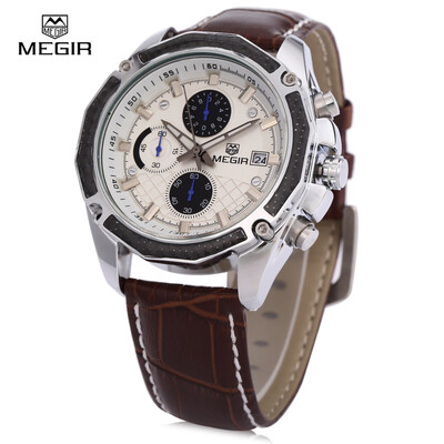 

MEGIR M2015 Men Quartz Watch Chronograph 3ATM Date Display Leather Band Wristwatch