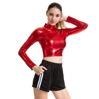 

New Women Faux Leather PU Tee Top Long Sleeve T shirt Turtleneck Slim Sexy T-shirt