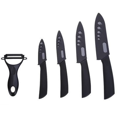 

5 in 1 Kitchen Fruit Vegetable Paring Tool Set Black Blade Nonslip Handle Ceramic Knives with Peeler