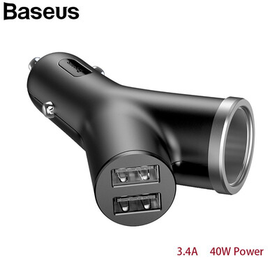 

Baseus 3 in 1 Car charger Dual USB With Cigarette In One Y style 34A Fast Auto Car Charger for iphone Samsung XiaoMi Charging