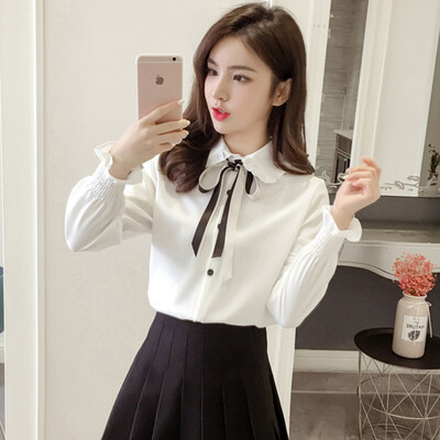 

Langyue Womens 2019 Autumn New Chiffon Long Sleeve Shirt Female Student Korean Sweet Bow Solid Color Shirt LWCC191221 White