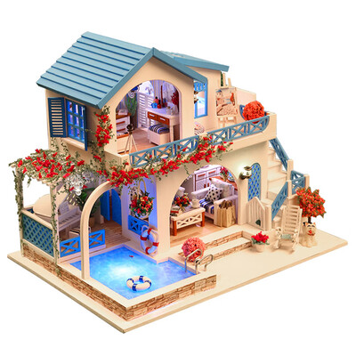 

Miniature Super Mini Size Doll House Building Model Kits Wooden Furniture Toys DIY Dollhouse Blue&White Town