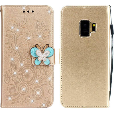 

MOONCASE Samsung Galaxy S9 Butterfly Rhinestone Embossed Leather Case - Gold