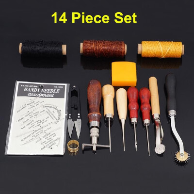 

14Pcs Leather Wood Craft Hand Tools Kit Stitching Sewing Waxed Thread Awl Thimble Kits