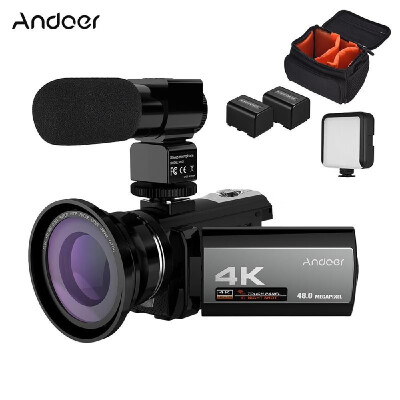 

Andoer 4K 48MP WiFi Digital Video CameraExternal Microphone039x Wide Angle LensMini LED Video Light2pcs BatteryCamera Bag