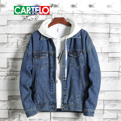 

Cartier crocodile CARTELO denim jacket men 2019 spring new Korean version of the irregular hole youth loose denim jacket male 03 blue XL