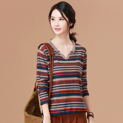

Yu Zhaolin 2019 new Korean version of loose lazy wind sweater women casual wild V-neck striped sweater YWYC191266 Navy blue L