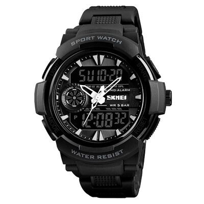 

SKMEI 1320 Men Quartz Fashion Casual Sports Wristwatch Dual Time Analog Digital Display Watch 5ATM Water Resistant Leather Strap B