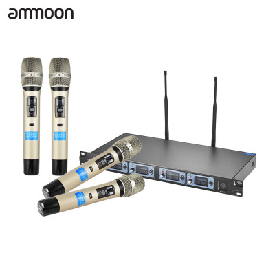 

ammoon 4D-B Professional 4 Channel UHF Wireless Handheld Microphone System 4 Microphones 1 Wireless Receiver 635mm Audio Cable LC