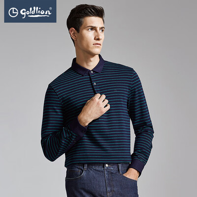 

Jin Lilai 2018 autumn mens skin soft warm horizontal stripes lapel business casual long-sleeved T-shirt green strip