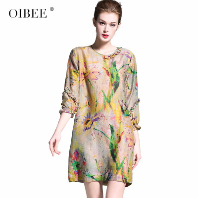 

OIBEE2019 spring new fashion printing fried color retro seven-point sleeves long dress womens tide