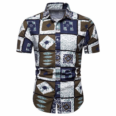 

2019 Mens National wind broken flower shirt foreign trade large code casual repair mens short-sleeved shirt TC34