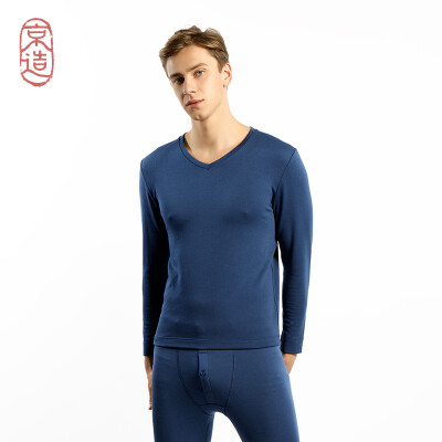 

JZAO mens thermal underwear wool thickening autumn clothes long pants warm set sea dark blue V-neck L code