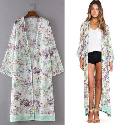 

New Women Chiffon Loose Cardigan Open Front Floral Print Long Sleeves Thin Vintage Casual Outerwear BlackWhite