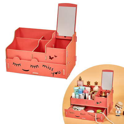 

Wood Makeup Organizer Case with Mirror Desktop Multi Slots Storage Holder for Jewlry Cosmetic Supplies