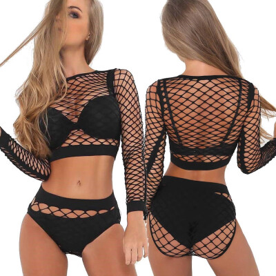 

Women Mesh Sheer Crop Top Long Sleeve See Through Fishnet Tee Shirts Blouse Hot