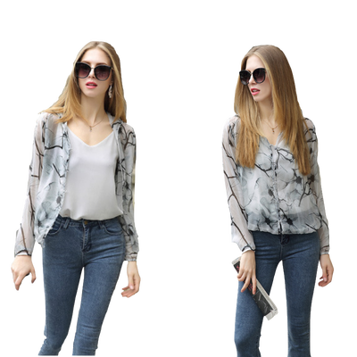 

Womens Jacket New Silk Silk Print Thin hooded Loose Single Breasted Sunscreen Air Conditioning Shirt Jacket