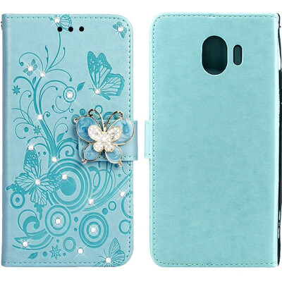 

MOONCASE Samsung Galaxy J4 Butterfly Rhinestone Embossed Leather Case - Green