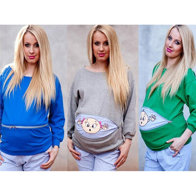 

Maternity Sweatshirt Long Sleeve Funny Print Zipper Pregnancy Mom Tops Sweater Hoodie Grey 5XL