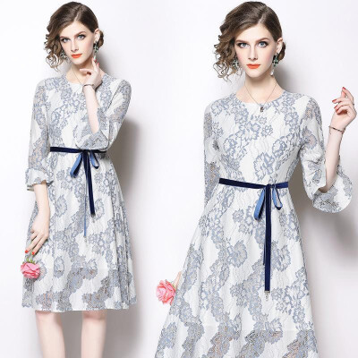 

L XL XXL elegant new spring 2019 women midi lace dress 34 sleeve blue white flower a line office lady with belt