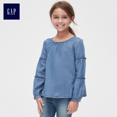 

GAP flagship store girls pleated round neck butterfly sleeve denim top 395975 denim