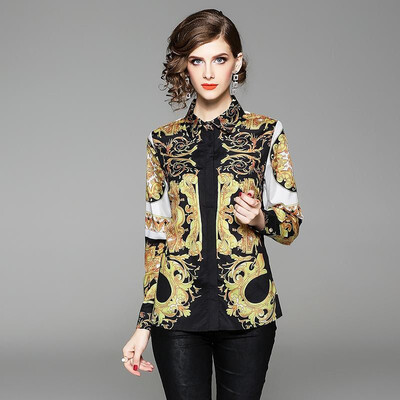 

M L XL XXL elegant new autumn 2018 women blouse shirt long sleeve gold&white vintage print office top lady