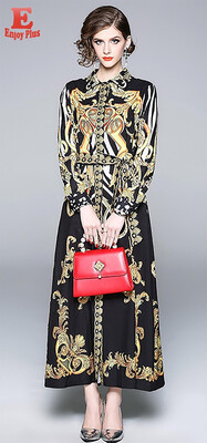 

L XL XXL vintage new autumn 2018 long maxi dress women long sleeve gold&black digital print ankle length with belt elegant l