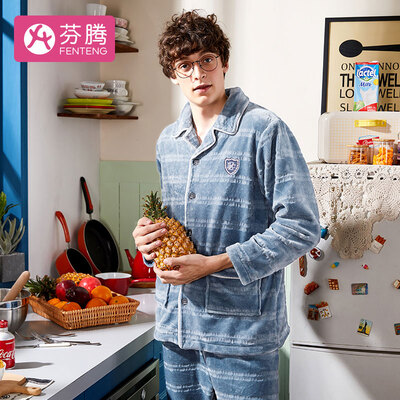 

Fenton coral fleece mens pajamas 2018 autumn&winter new striped English cardigan lapel long sleeve jade rabbit cashmere home service M98940817 Gray Lan