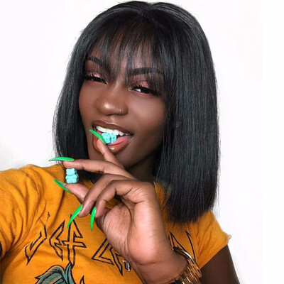 

Short Virgin Brazilian Glueless Bob Lace Front Wig With Bangs Straight Full Bang Human Hair Lace Frontal Wig Preplucked