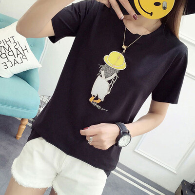 

JOY OF JOY Jingdong womens 2019 summer short-sleeved t-shirt female students Korean fashion round neck pullover cartoon embroidered T-shirt female tide JWTD191779 black M