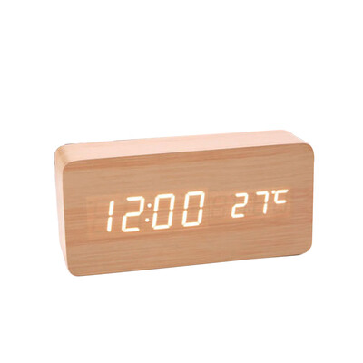 

Wooden Sound Control LED Alarm Clock Electronic Digital Temperature Display LED Table Clock Desk Calendar