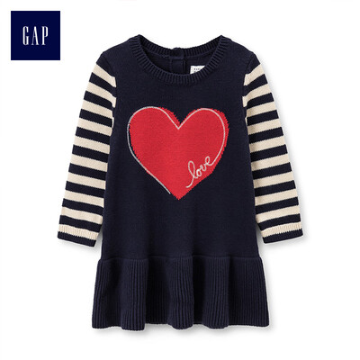 

GAP flagship store baby girl love striped decorative hem knit dress 399498 navy blue 12-18M