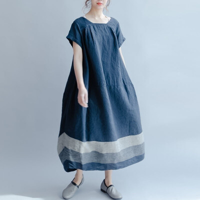 

Plus Size Women Crew Neck Short Sleeve Cotton Linen Striped Baggy Long Dress Pullover