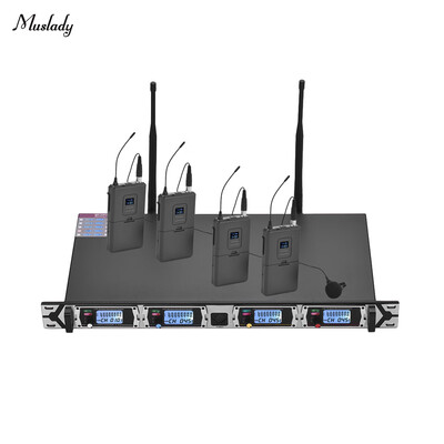 

Muslady D4-1 Professional 4-Channel UHF Wireless Microphone System Includes 4 Lapel Microphones with Bodypack Transmitters 1 Rac