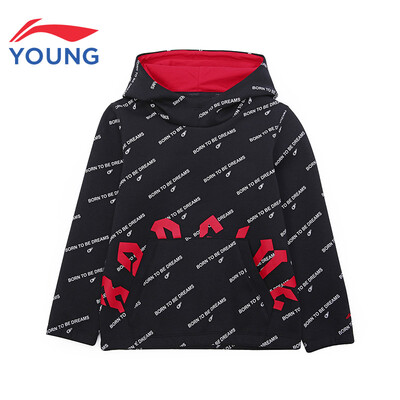 

Li Ning official flagship store childrens clothing boy hooded sweater 2019 new basketball system childrens shirt YWDP009-1 black letters full of footprints 140