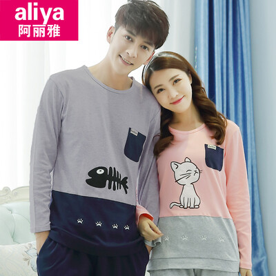 

Aria pajamas women autumn cotton long-sleeved couple pajamas men autumn cotton student ladies home service female autumn suit ALY20022-6 female cat eating fish
