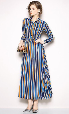 

S M L XL XXL elegant new autumn 2018 women long maxi dress long sleeve blue striped A line ankle length office lady