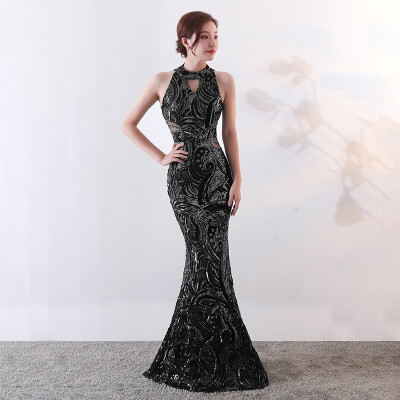 

Elegant Sequin Mermaid Evening Dress High-Neck Sleeveless Party Dinner Long Slim Evening Dresses