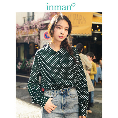 

INMAN 2019 spring new lapel retro literary fan wave point shirt long-sleeved shirt female 1891011076 deep army green M