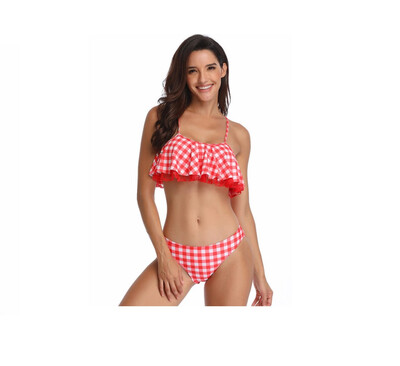 

Womans Sexy Bikini Red Plaid Split Swimsuit