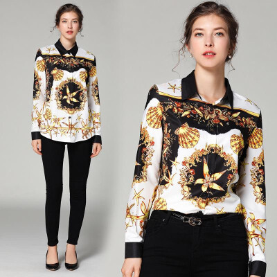 

L XL XXL 3XL vintage new spring 2019 women blouse shirt long sleeve white gold digital print office top lady