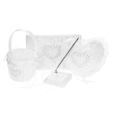 

4pcsset White Wedding Supplies Satin Flower Girl Basket Heart Ring Bearer Pillow Guest Book Pen Holder Set